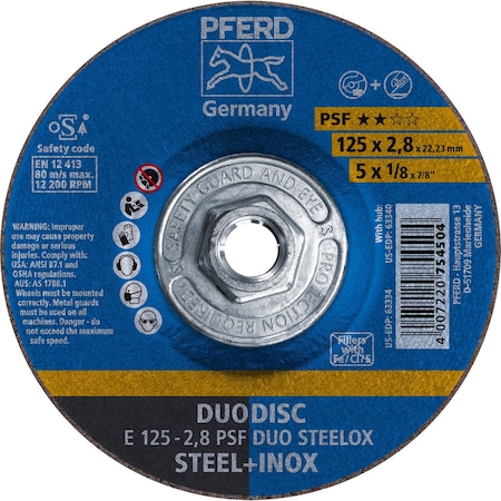 Pferd 63340 5in x 1/8in DUODISC Wheel 5/8-11 Thd. A 46 P PSF-INOX Type 27 63340-PFERD